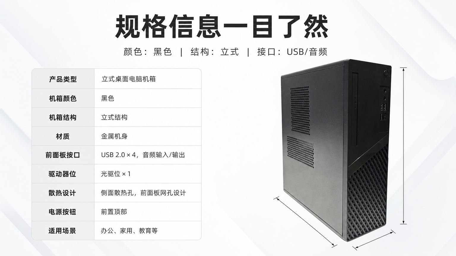 黑色金属散热台式电脑主机 AI电商详情页 - 尺寸/规格/参数图: 清楚说明基础配置外观参数