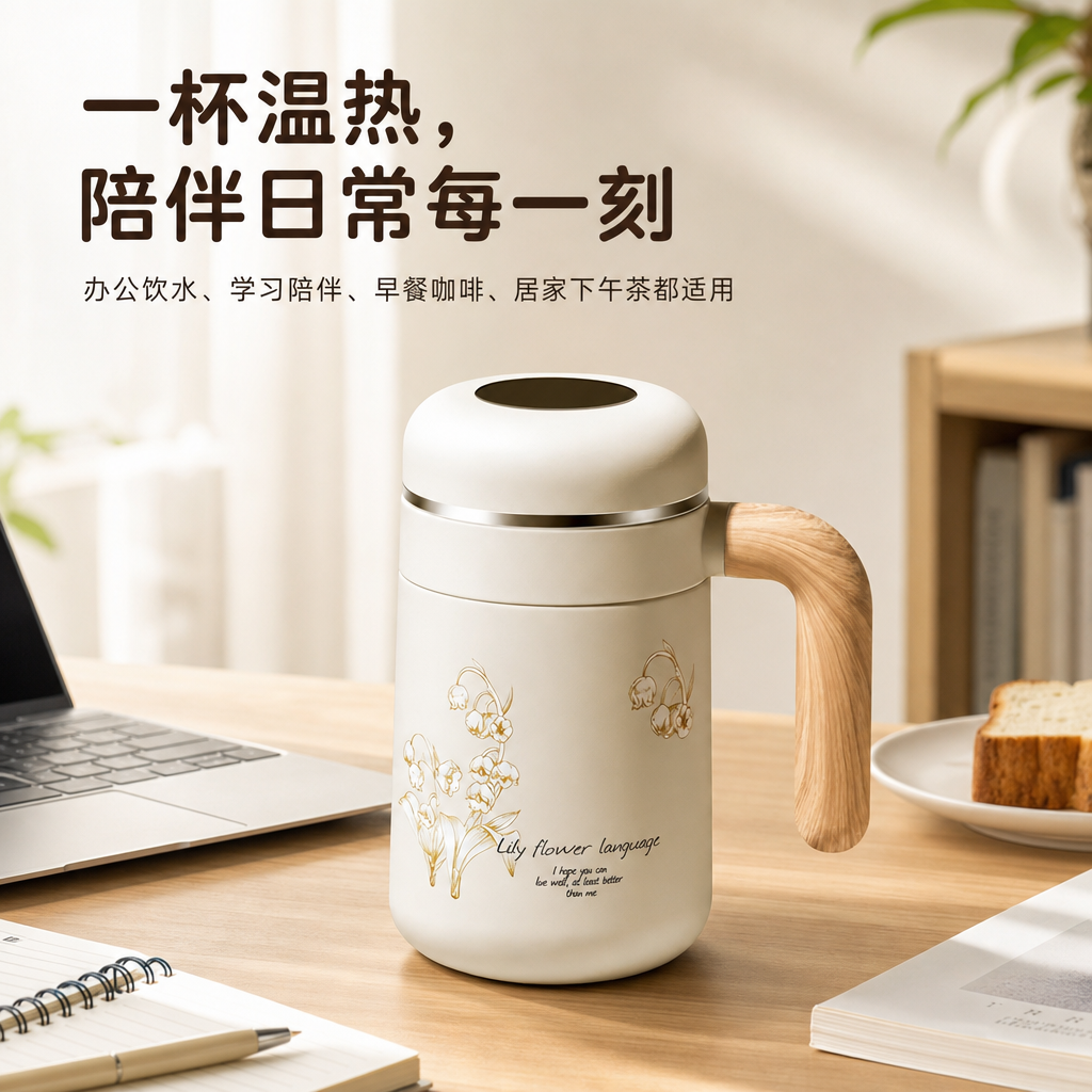 米白色木纹手柄保温咖啡杯 AI电商详情页 - 使用场景图: 展示办公室、书桌、早餐与下午茶的真实使用效果