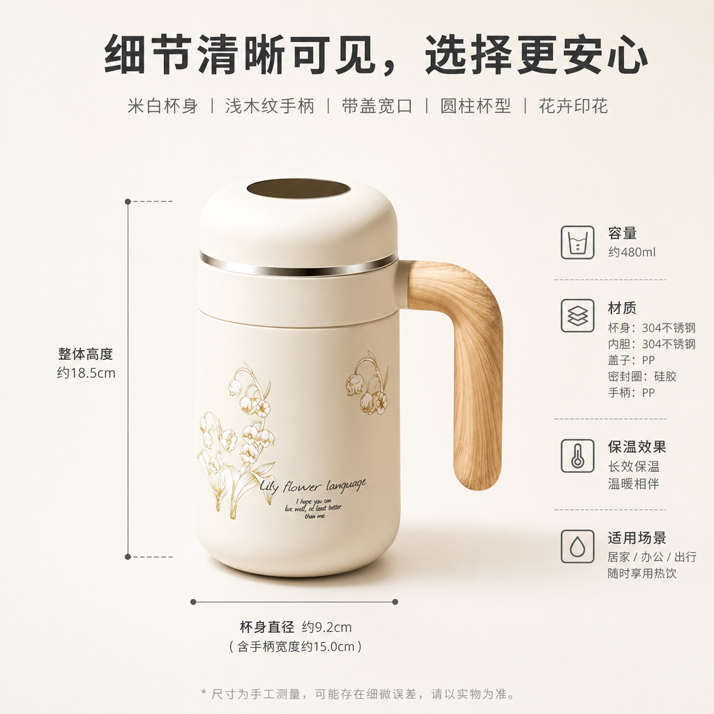 米白色木纹手柄保温咖啡杯 AI电商详情页 - 尺寸/规格/参数图: 清晰说明颜色、结构与杯身细节参数