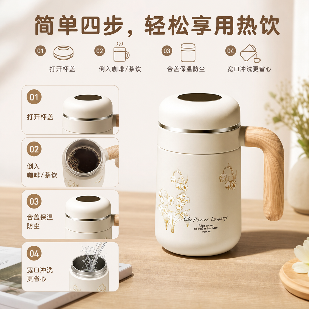 米白色木纹手柄保温咖啡杯 AI电商详情页 - 使用步骤图: 用多步骤说明开盖、倒饮、合盖、清洗的便捷流程