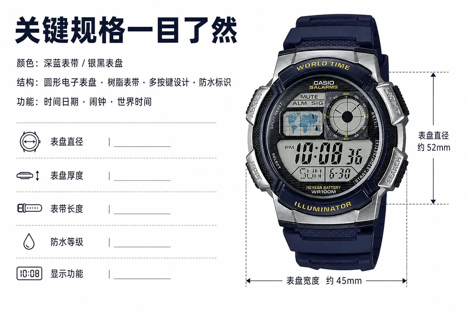 深蓝色电子多功能运动手表 AI电商详情页 - 尺寸/规格/参数图: 清楚说明颜色、结构与功能参数信息