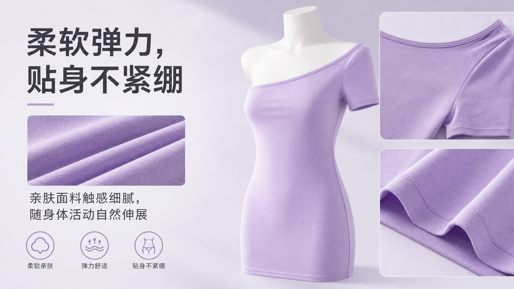 淡紫色斜肩修身短袖连衣裙 AI电商详情页 - 材质/成分说明图: 说明穿着舒适性