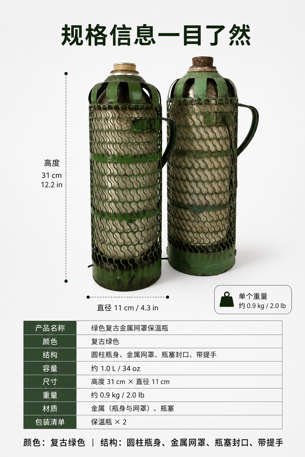 绿色复古金属网罩保温瓶 AI电商详情页 - 尺寸/规格/参数图: 清楚说明基础规格信息