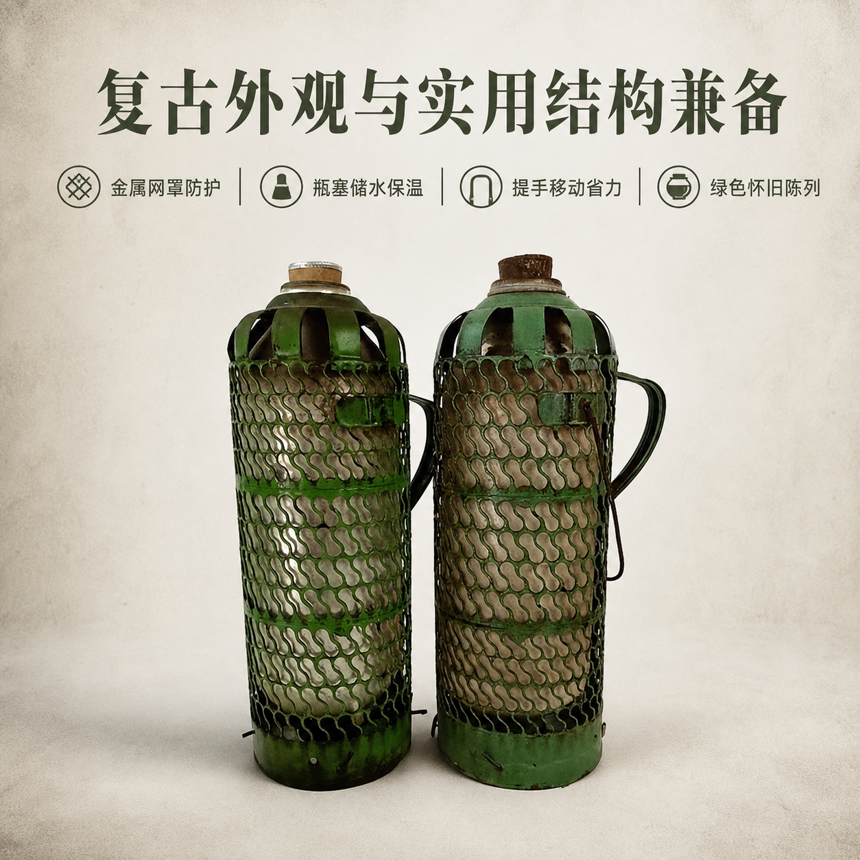 绿色复古金属网罩保温瓶 AI电商详情页 - 核心卖点图: 集中呈现主要购买理由