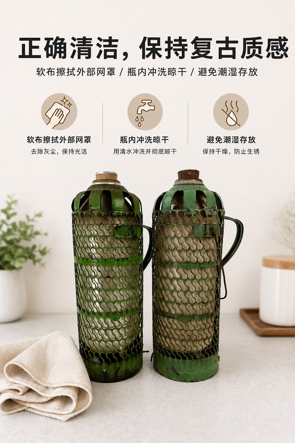 绿色复古金属网罩保温瓶 AI电商详情页 - 清洁/保养说明图: 降低维护顾虑