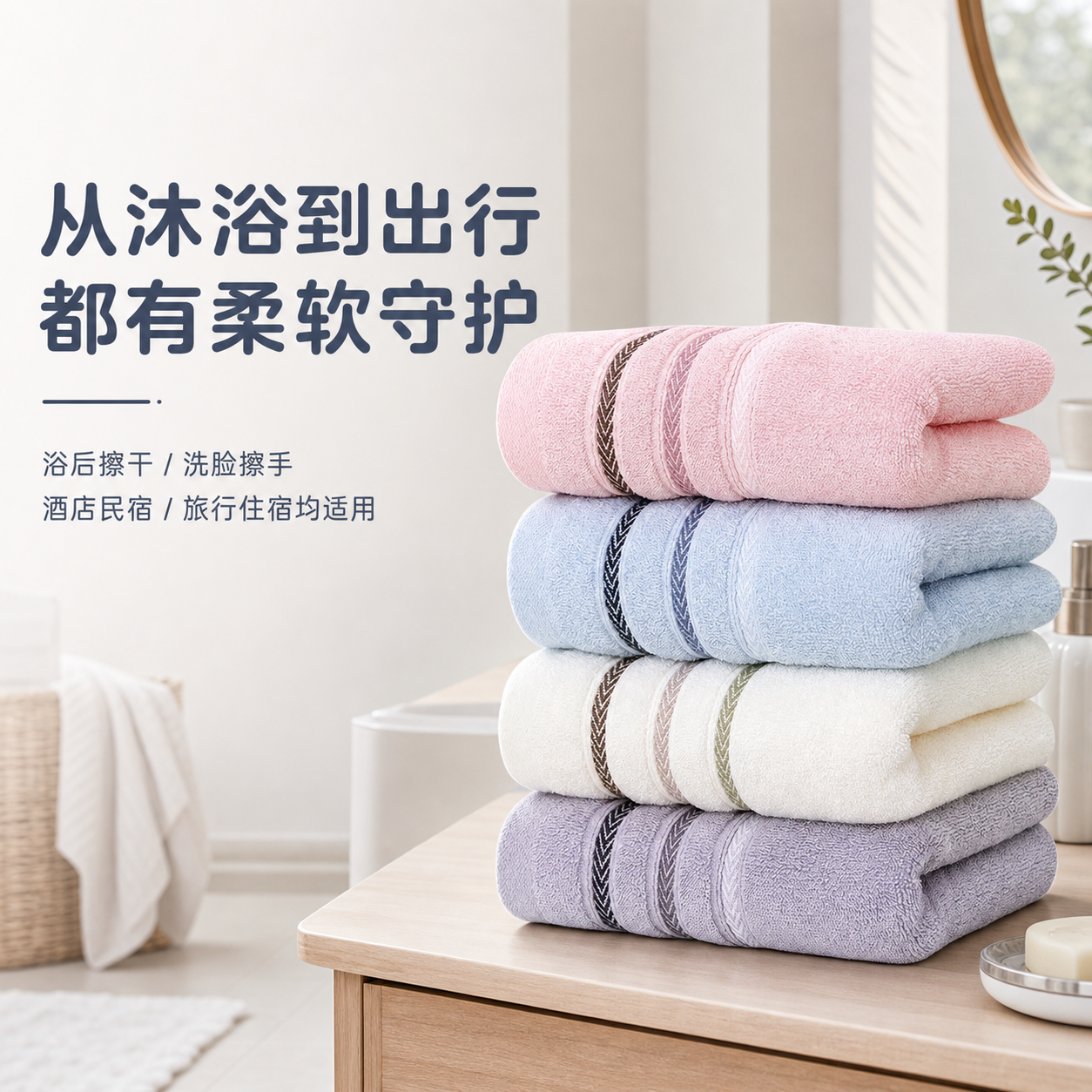 多色加厚柔软吸水浴巾套装 AI电商详情页 - 使用场景图: 展示浴室、旅行、家居备用的真实使用效果