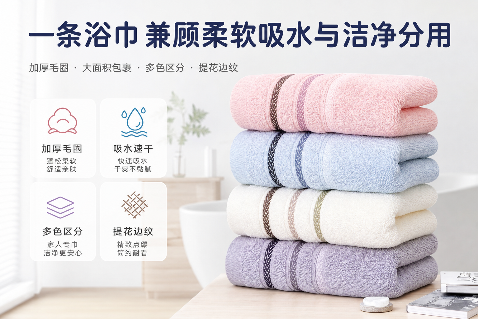 多色加厚柔软吸水浴巾套装 AI电商详情页 - 核心卖点图: 集中呈现吸水、柔软、美观、分用优势
