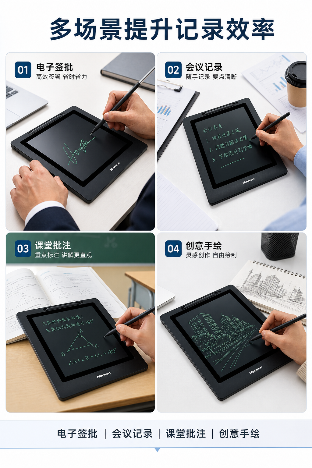 黑色触控手写电子签批平板 AI电商详情页 - 使用场景图: 展示真实工作应用