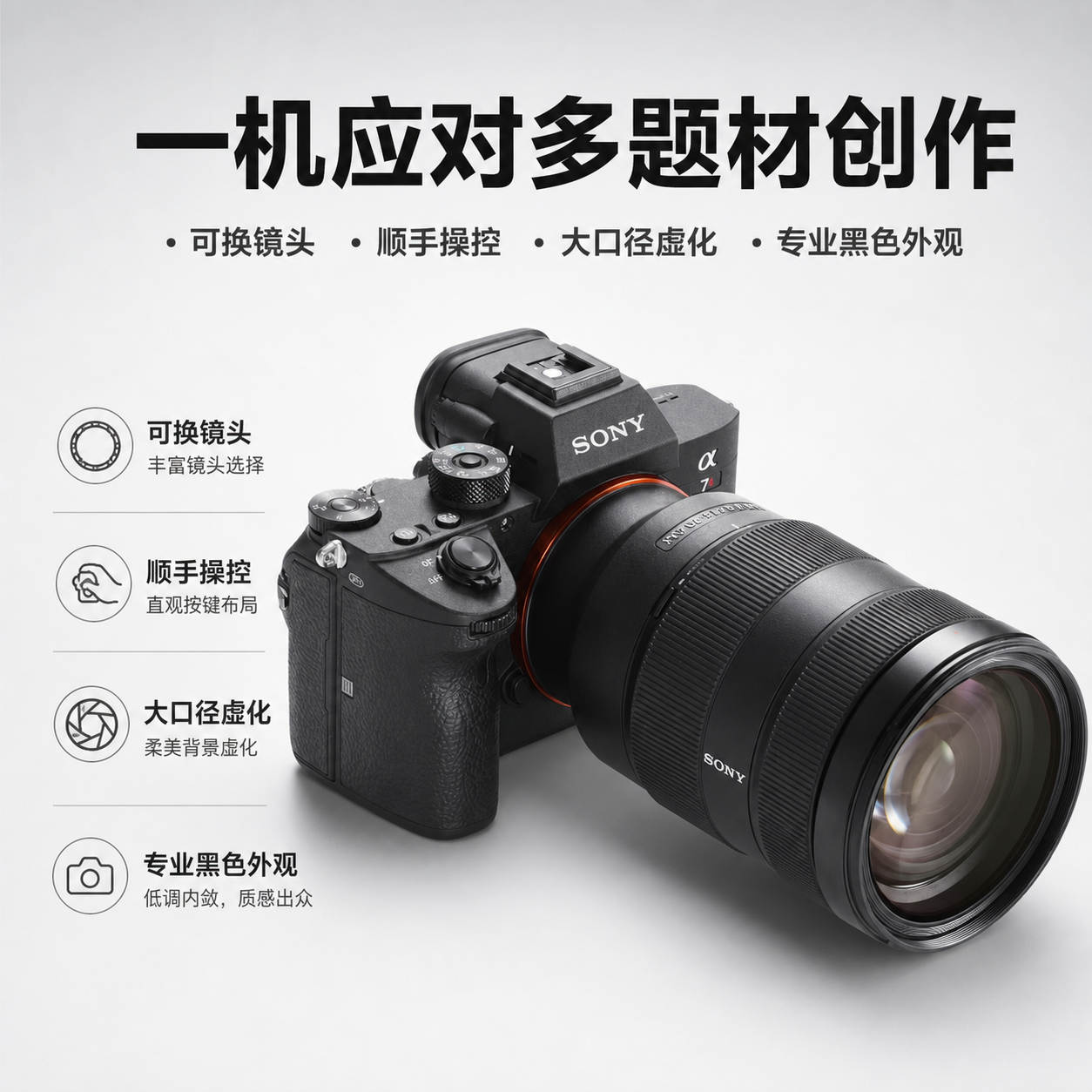 黑色可换镜头全画幅微单相机 AI电商详情页 - 核心卖点图: 集中呈现拍摄性能与操控优势