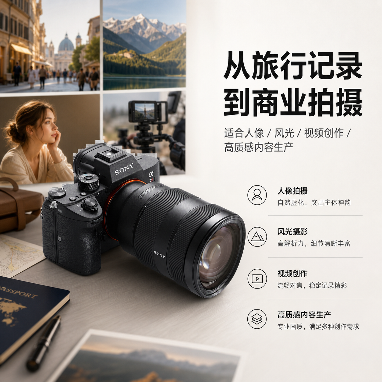 黑色可换镜头全画幅微单相机 AI电商详情页 - 使用场景图: 展示真实拍摄应用价值