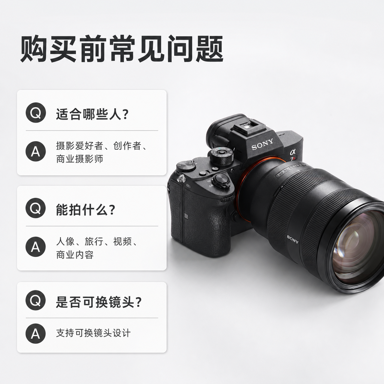 黑色可换镜头全画幅微单相机 AI电商详情页 - FAQ常见问题图: 回答购买前关键疑问