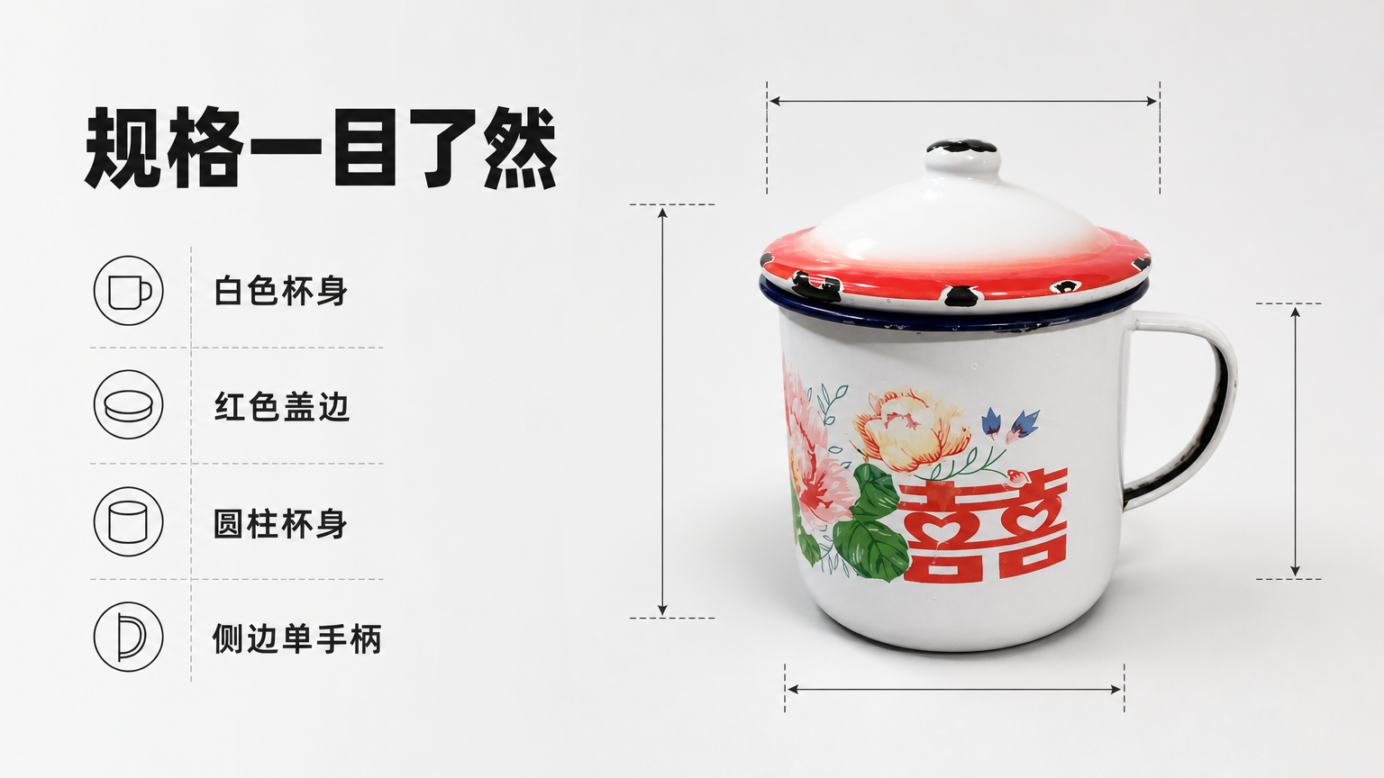 白色搪瓷带盖复古花纹水杯 AI电商详情页 - 尺寸/规格/参数图: 清楚说明基础参数