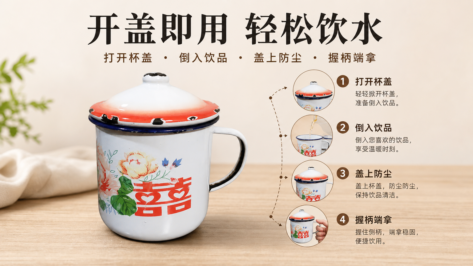 白色搪瓷带盖复古花纹水杯 AI电商详情页 - 使用步骤图: 指导简单使用方式