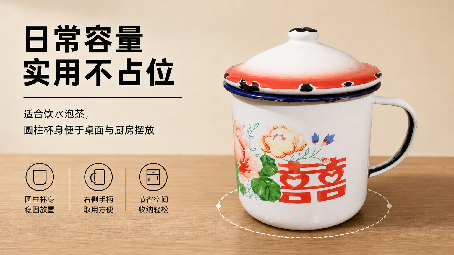 白色搪瓷带盖复古花纹水杯 AI电商详情页 - 容量/收纳图: 展示杯内空间与放置便利