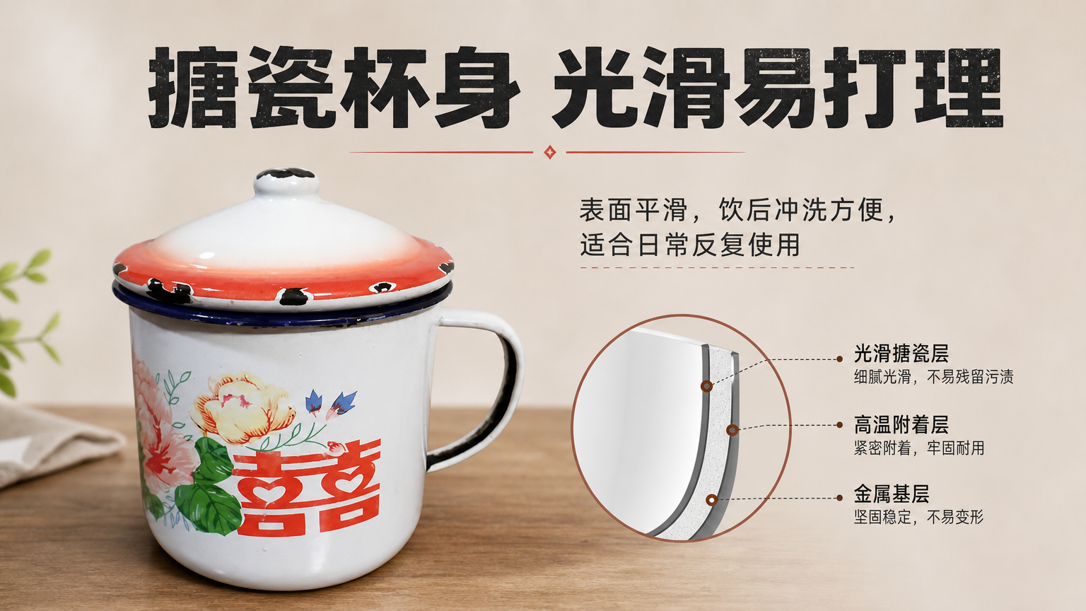 白色搪瓷带盖复古花纹水杯 AI电商详情页 - 材质/成分说明图: 说明搪瓷材质特点