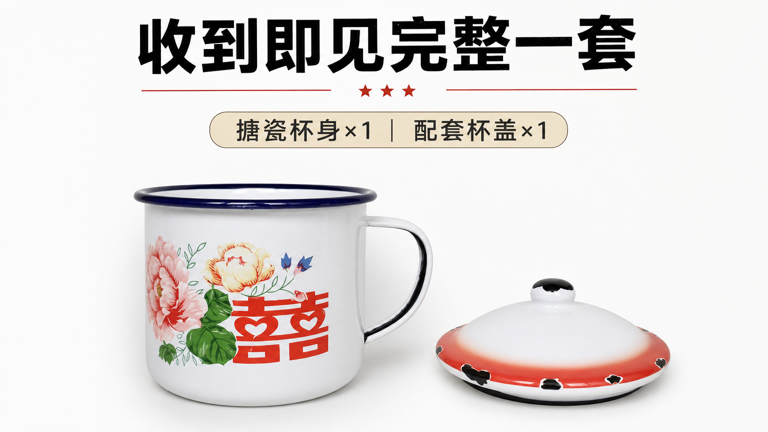 白色搪瓷带盖复古花纹水杯 AI电商详情页 - 包装清单图: 展示收货内容