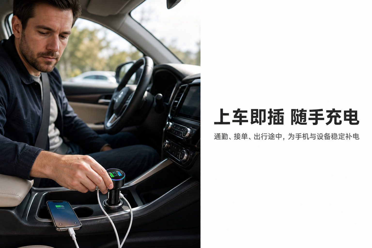 黑色双USB数显车载充电器 AI电商详情页 - 人物使用图: 展示司机真实插拔和充电动作