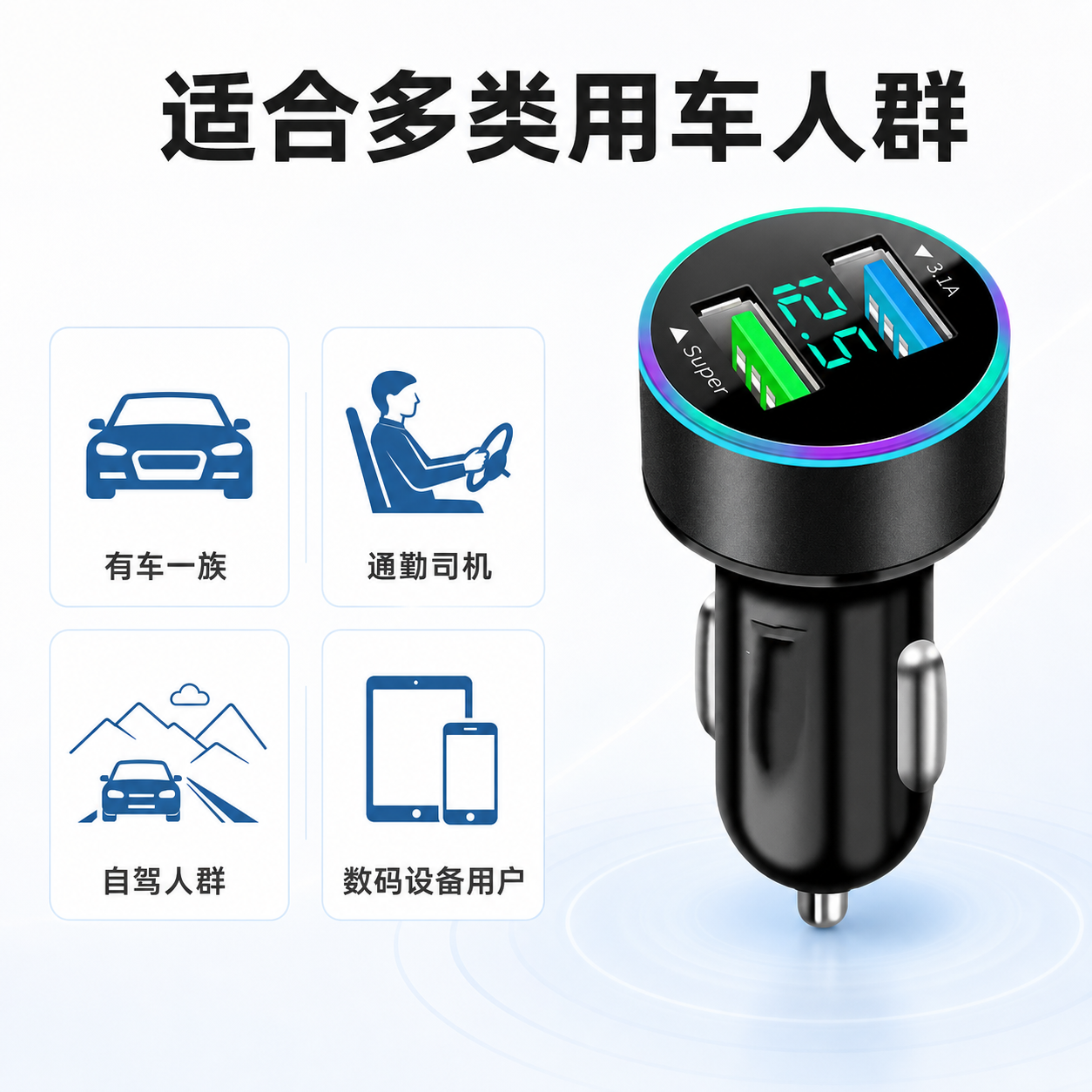 黑色双USB数显车载充电器 AI电商详情页 - 适用人群图: 明确目标用户提升代入感