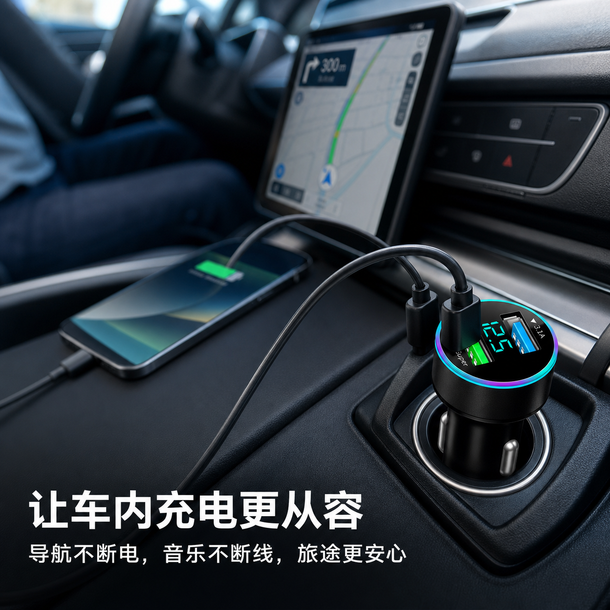 黑色双USB数显车载充电器 AI电商详情页 - 生活方式场景图: 营造车内便捷用电氛围