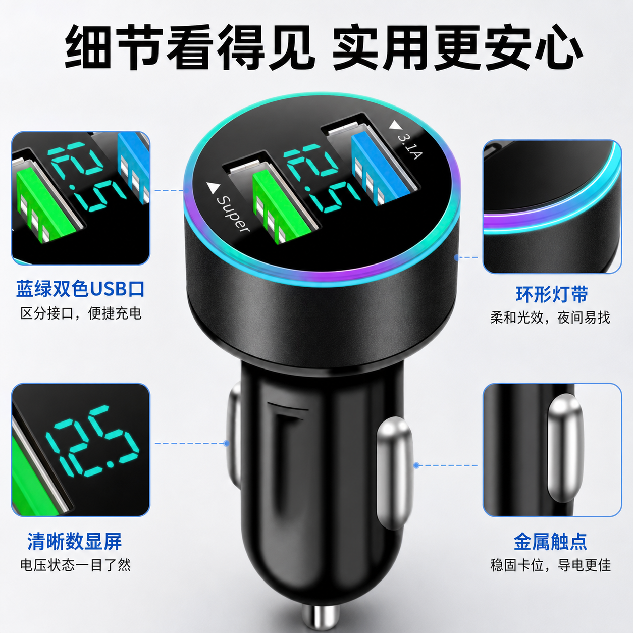 黑色双USB数显车载充电器 AI电商详情页 - 商品细节图: 放大结构与功能细节增强信任