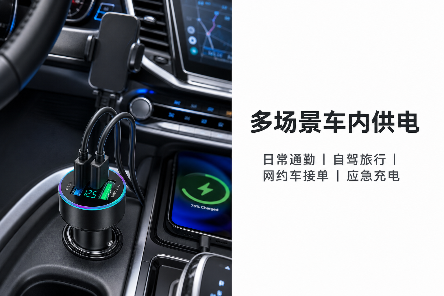 黑色双USB数显车载充电器 AI电商详情页 - 使用场景图: 展示真实车内使用效果