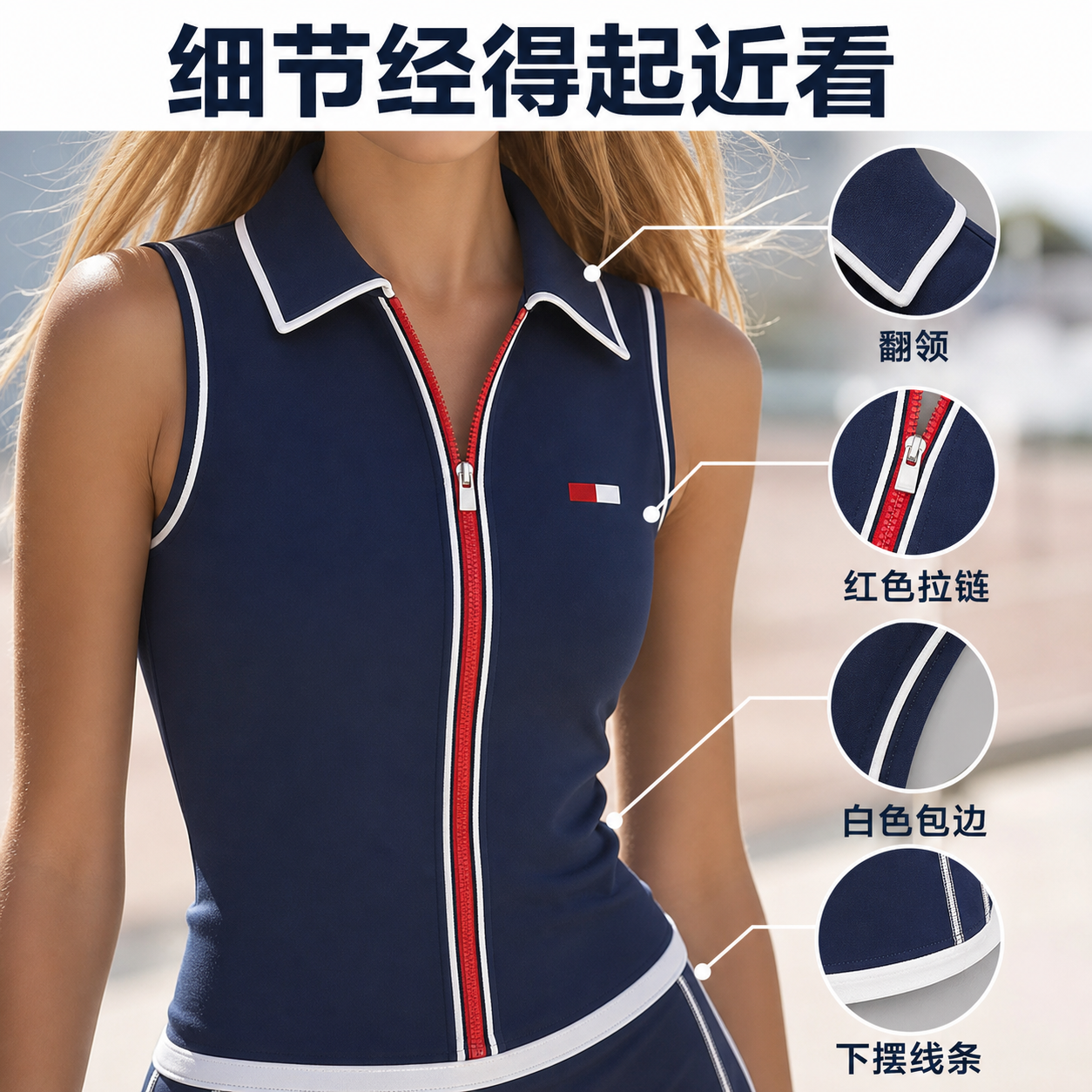 藏蓝色拉链翻领无袖运动连衣裙 AI电商详情页 - 商品细节图: 放大结构质感
