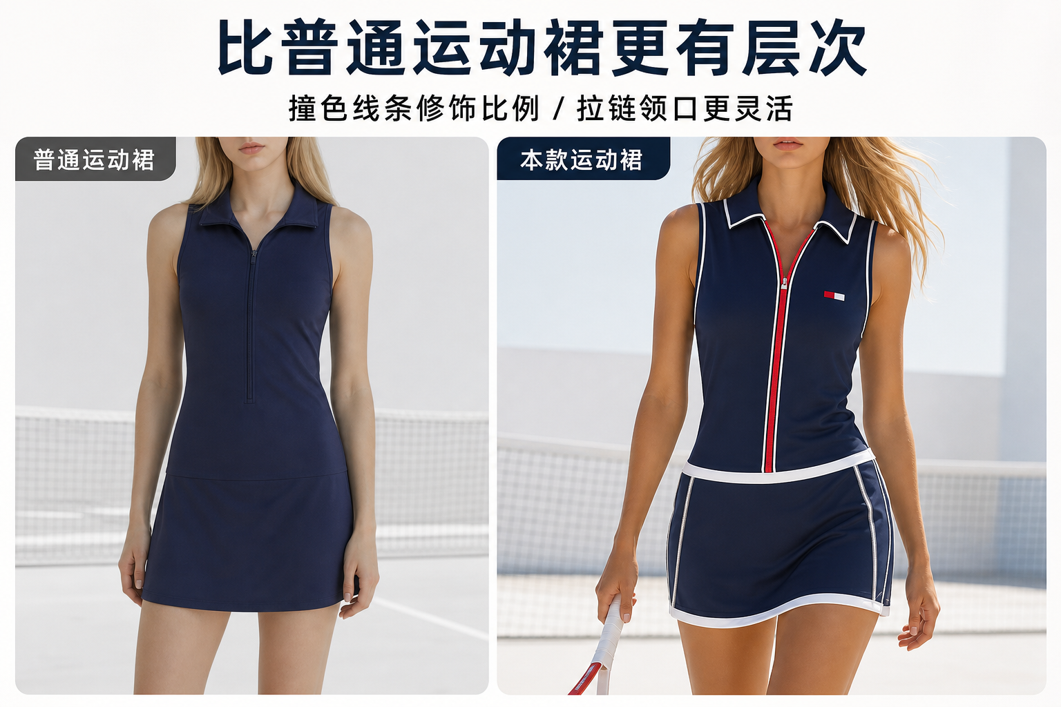 藏蓝色拉链翻领无袖运动连衣裙 AI电商详情页 - 效果对比图: 突出产品优势