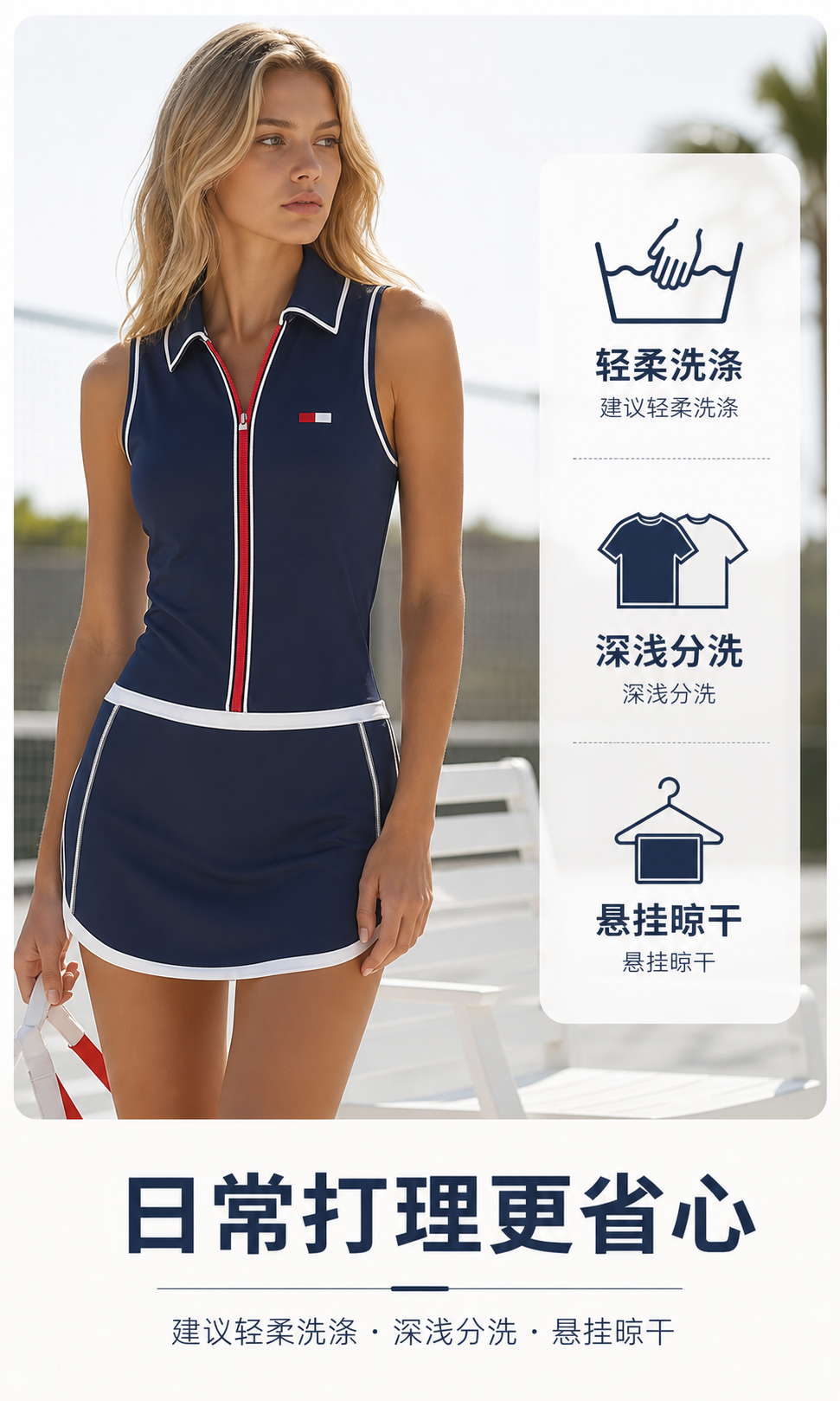 藏蓝色拉链翻领无袖运动连衣裙 AI电商详情页 - 清洁/保养说明图: 降低维护顾虑