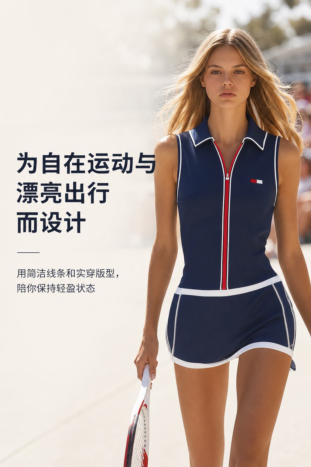 藏蓝色拉链翻领无袖运动连衣裙 AI电商详情页 - 品牌故事图: 建立调性认同