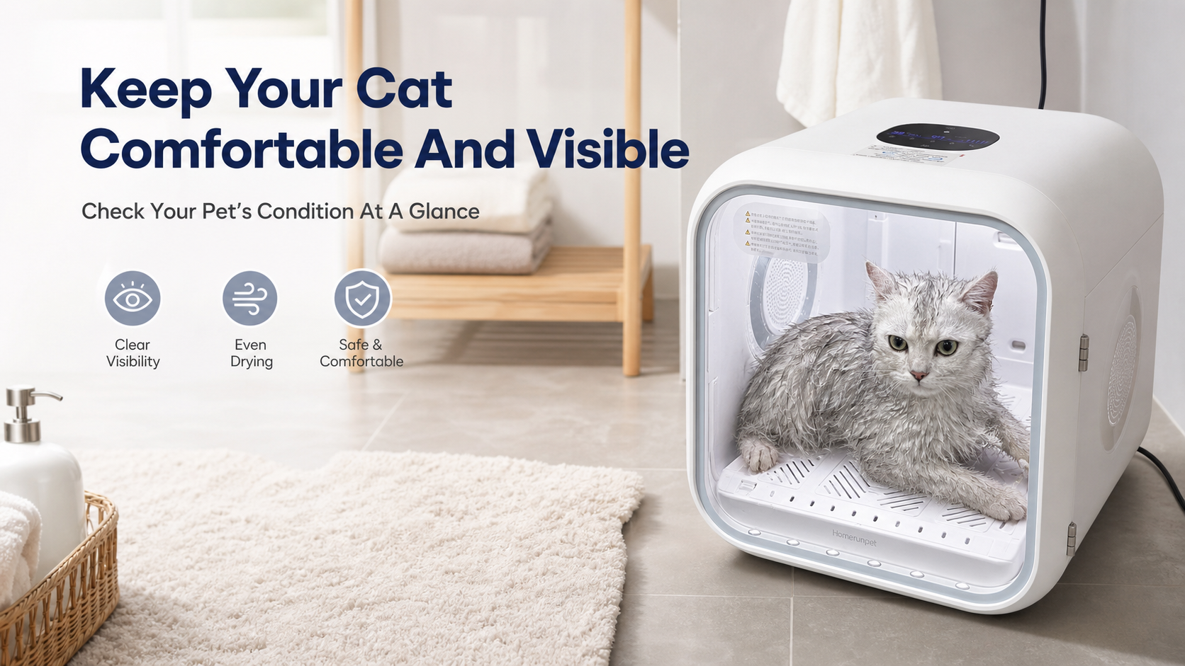 白色智能宠物猫咪烘干箱 AI电商详情页 - 宠物使用图: 展示猫咪在舱内可视化烘干的安心状态