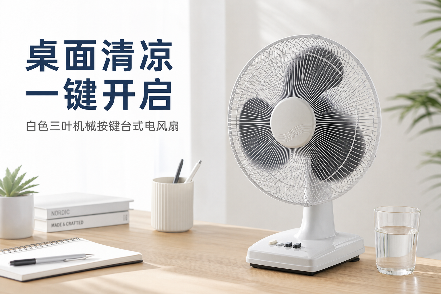 白色三叶机械按键台式电风扇 AI电商详情页 - 详情页首图: 强化第一眼清凉与台式风扇主体吸引力