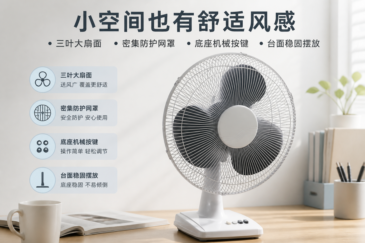 白色三叶机械按键台式电风扇 AI电商详情页 - 核心卖点图: 集中呈现送风、防护、操作与摆放优势