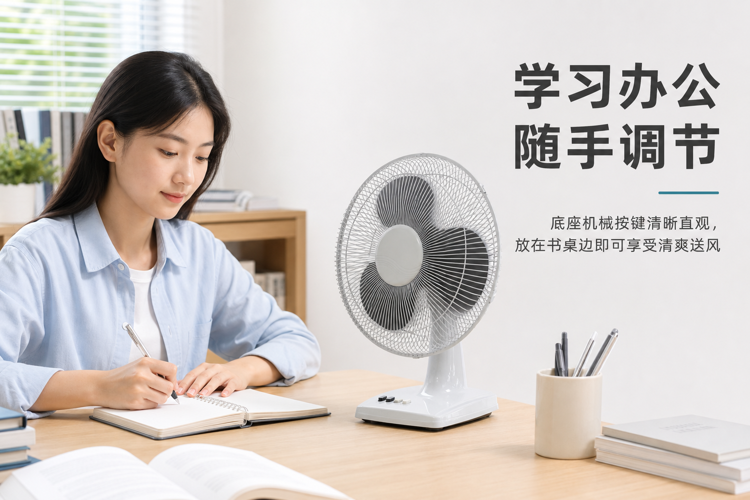 白色三叶机械按键台式电风扇 AI电商详情页 - 人物使用图: 展示真实学习或办公时的便捷使用