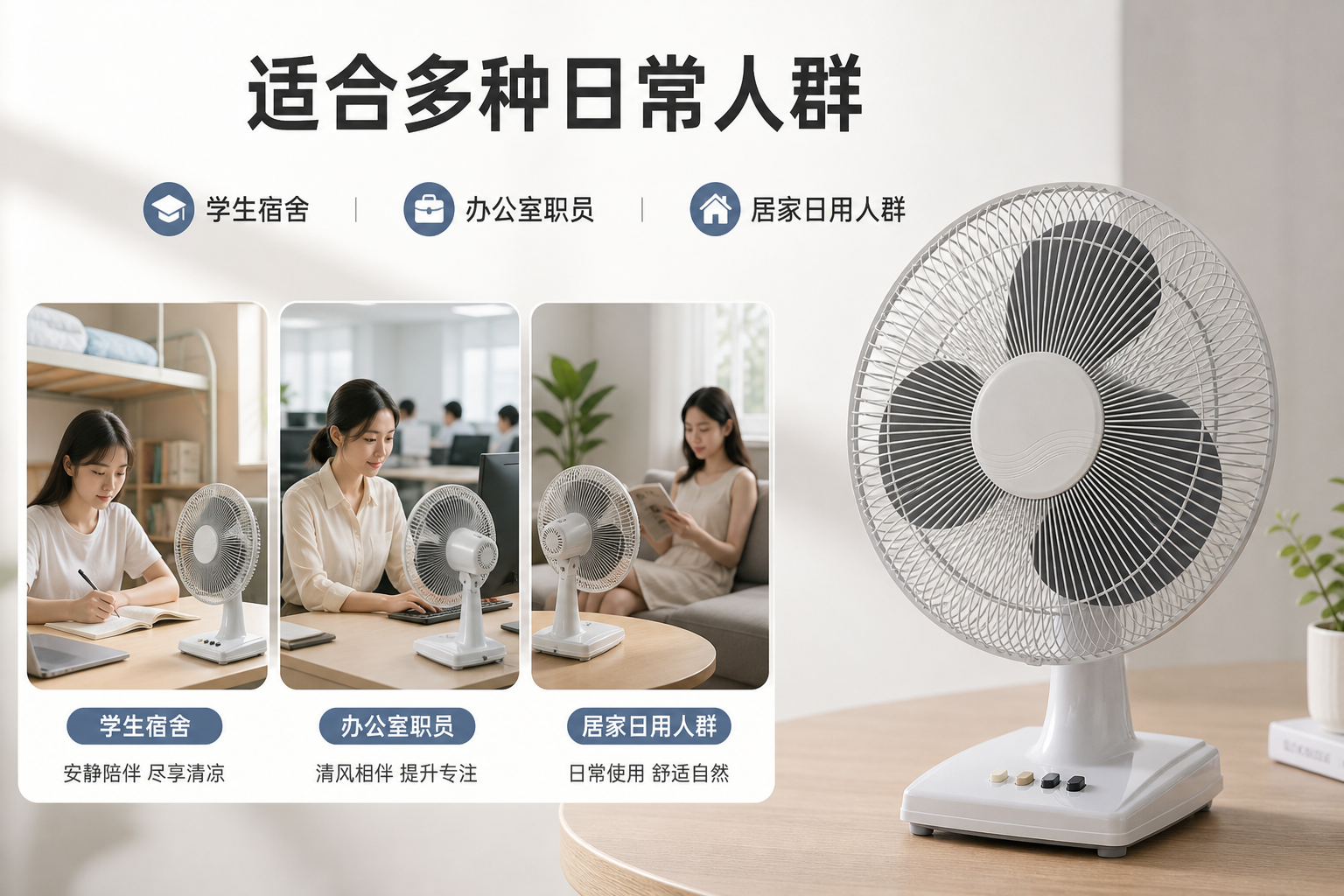 白色三叶机械按键台式电风扇 AI电商详情页 - 适用人群图: 明确学生、职员和居家人群适配性