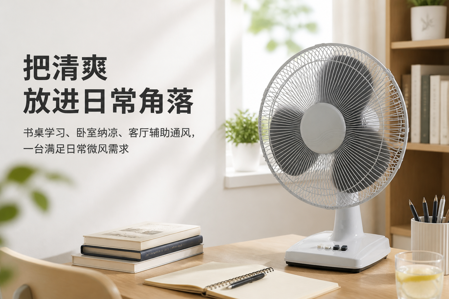 白色三叶机械按键台式电风扇 AI电商详情页 - 生活方式场景图: 营造卧室、书桌、客厅的清凉生活氛围