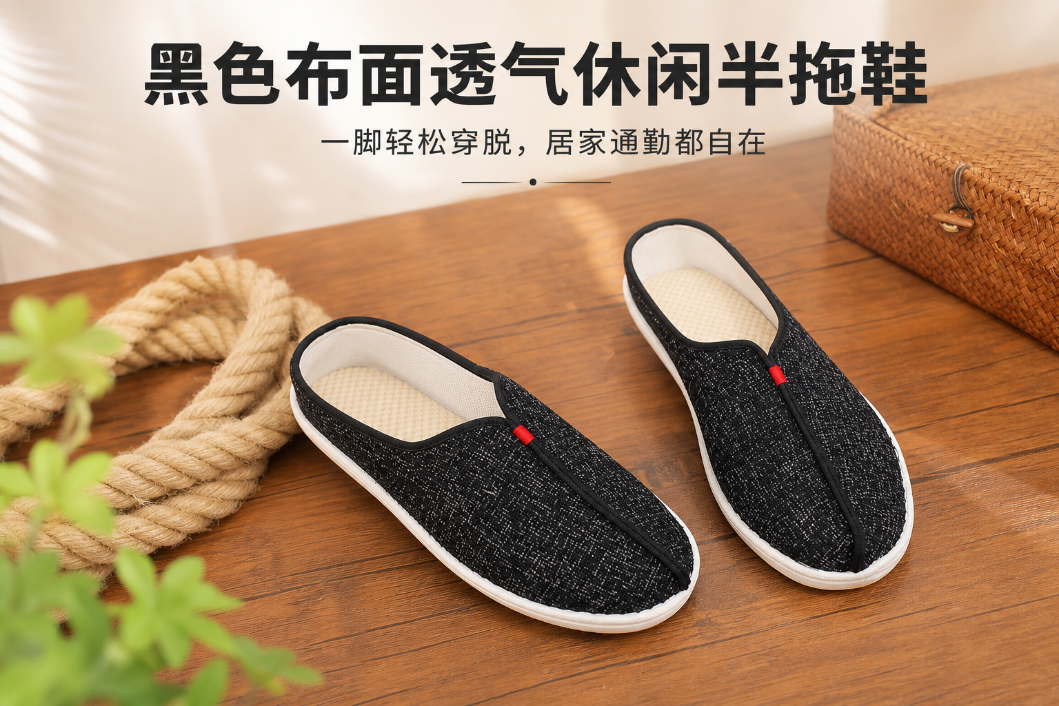 黑色布面透气休闲半拖鞋 AI电商详情页 - 详情页首图 / 商品封面图: 突出商品主体和第一眼吸引力