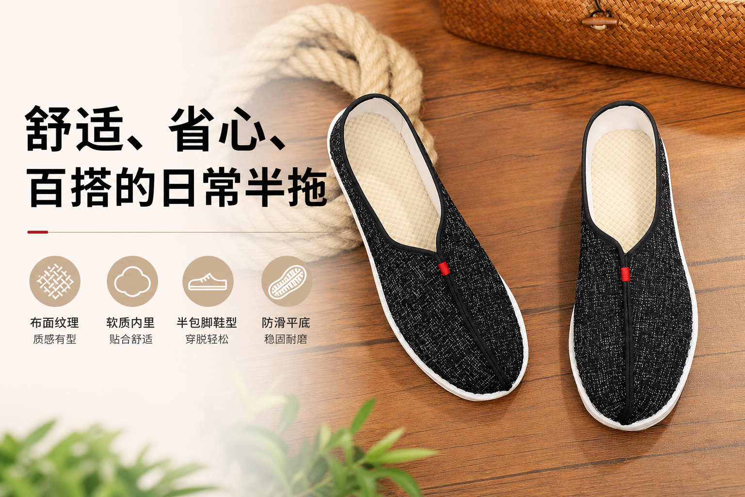 黑色布面透气休闲半拖鞋 AI电商详情页 - 核心卖点图: 突出3-5个商品优势