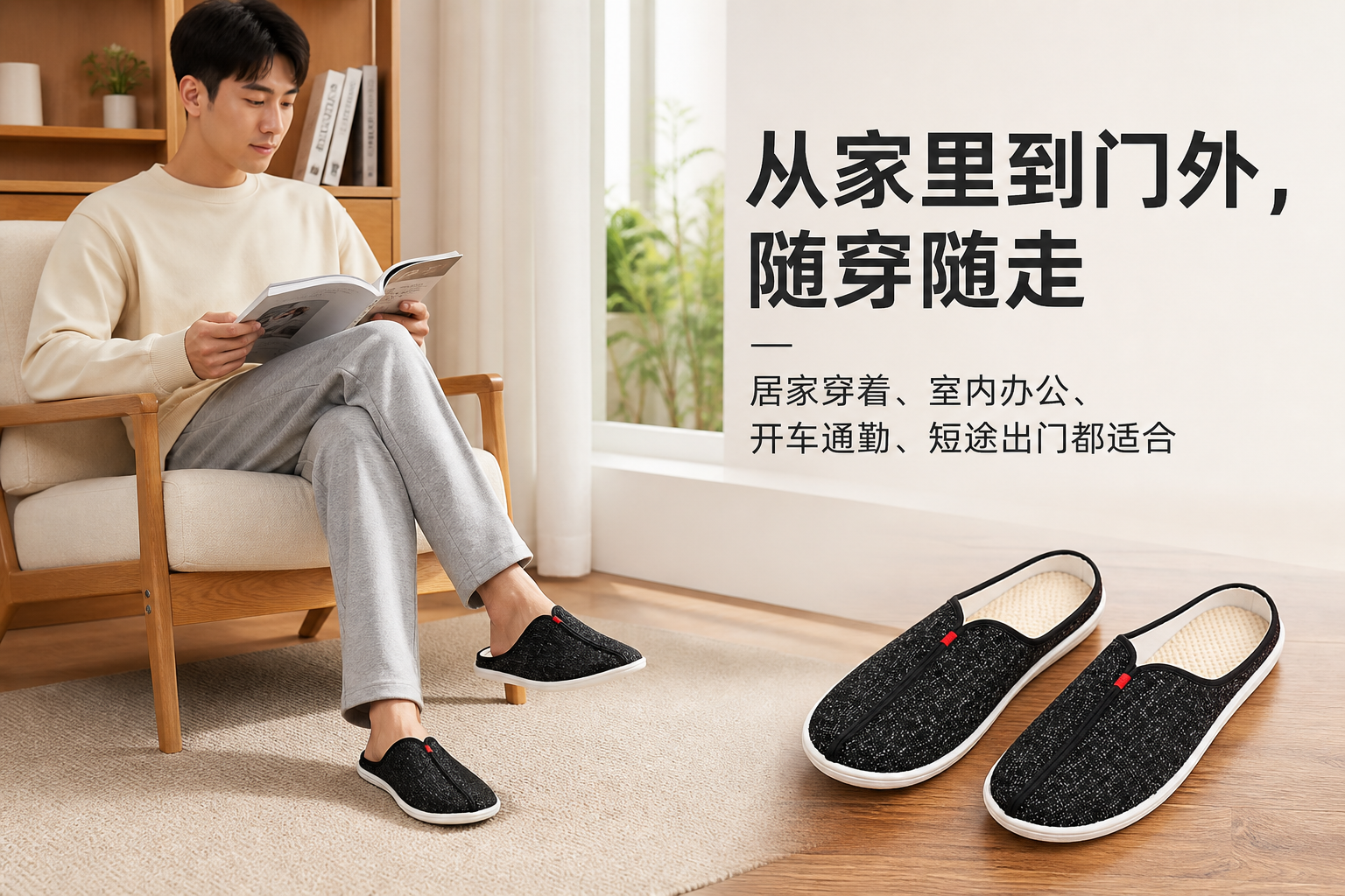 黑色布面透气休闲半拖鞋 AI电商详情页 - 使用场景图: 展示真实使用效果