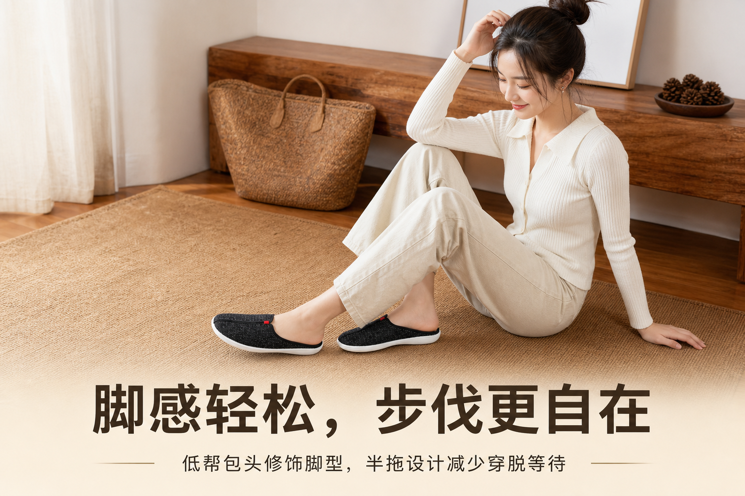 黑色布面透气休闲半拖鞋 AI电商详情页 - 模特上身图: 展示真人穿着效果