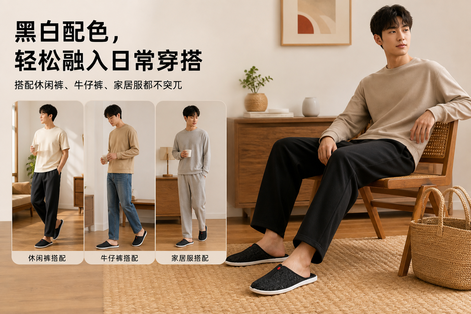 黑色布面透气休闲半拖鞋 AI电商详情页 - 穿搭搭配图: 展示完整造型搭配