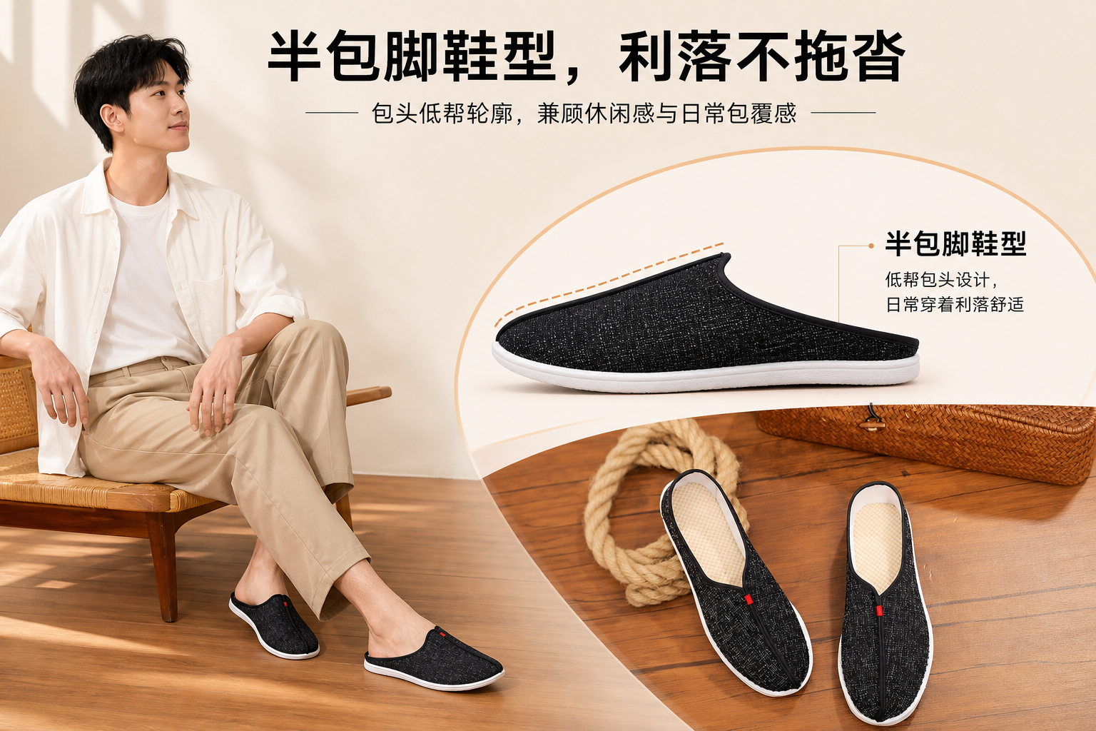 黑色布面透气休闲半拖鞋 AI电商详情页 - 版型展示图: 展示鞋型轮廓