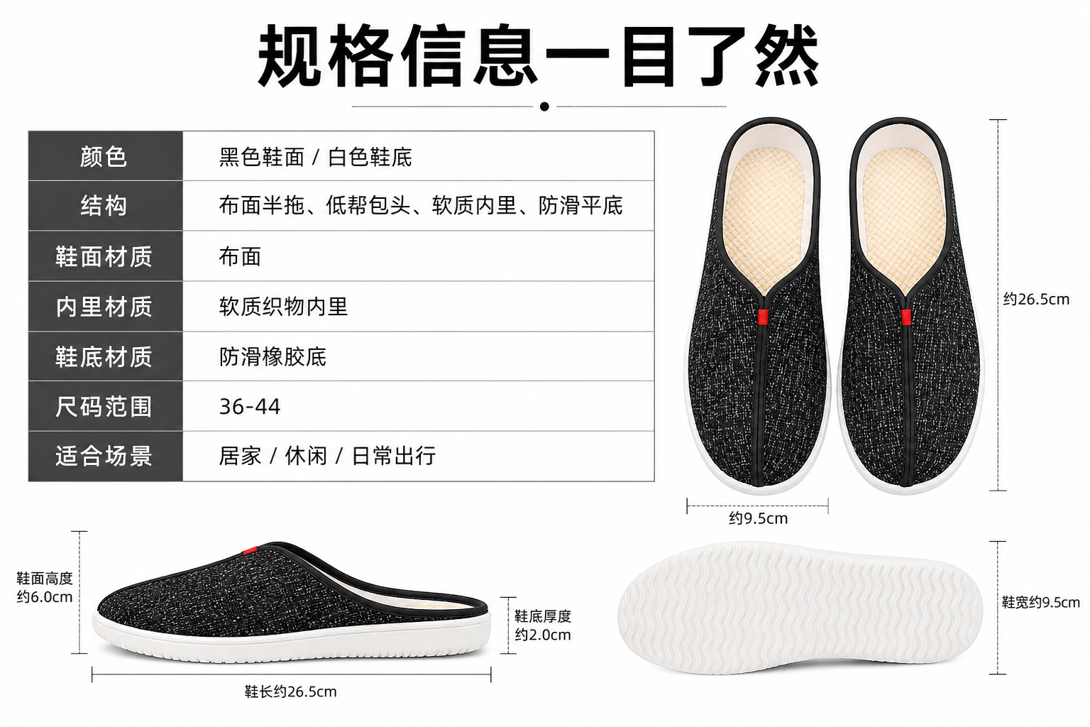 黑色布面透气休闲半拖鞋 AI电商详情页 - 尺寸/规格/参数图: 说明尺寸容量参数