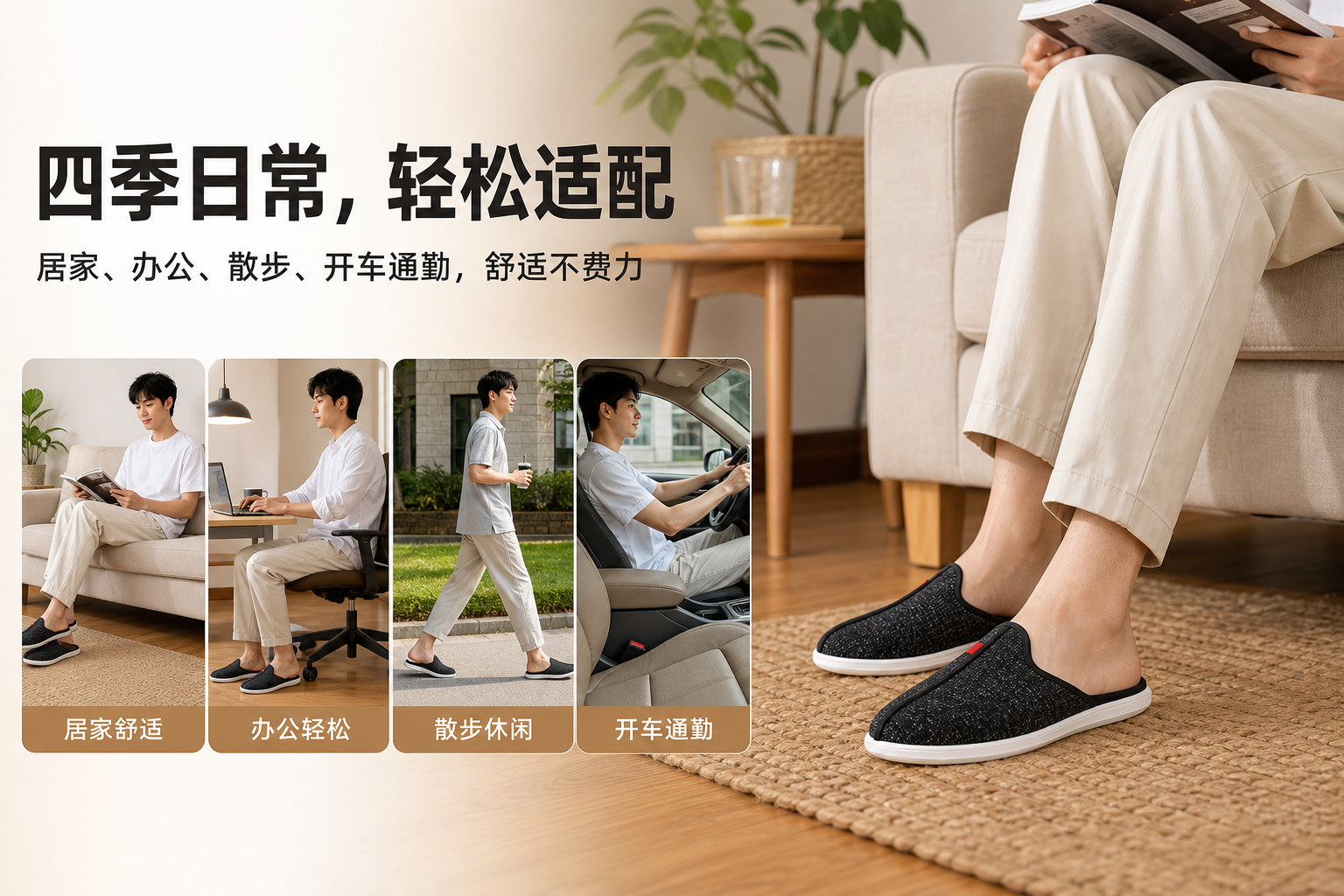 黑色布面透气休闲半拖鞋 AI电商详情页 - 季节/场合适用图: 说明适用季节场合