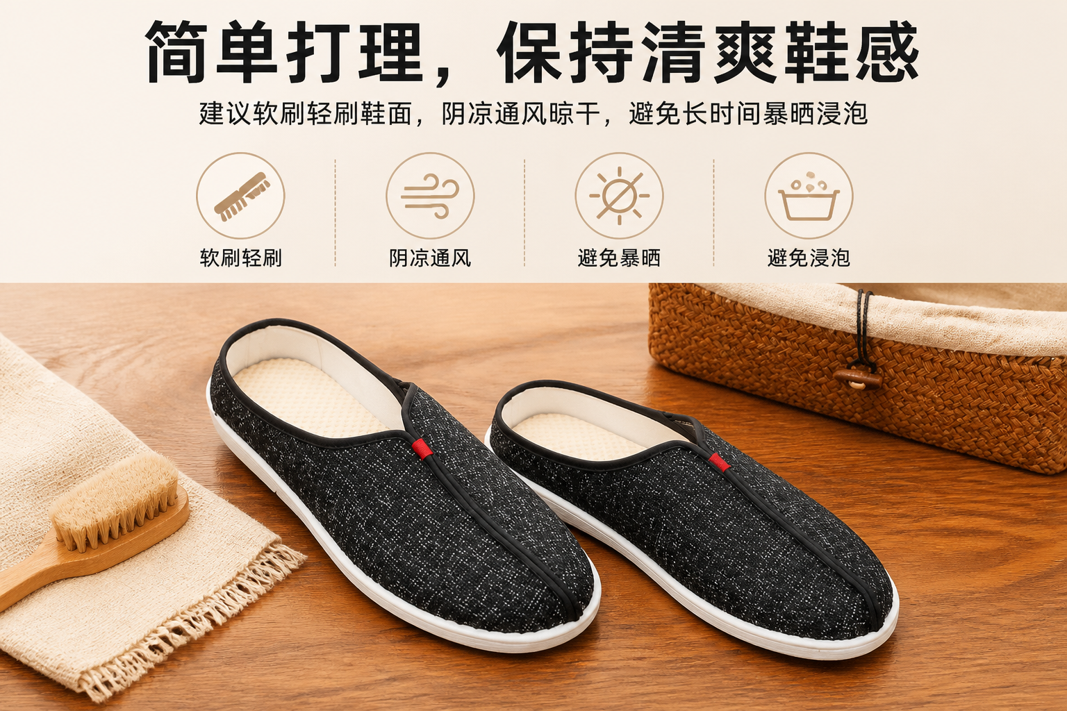 黑色布面透气休闲半拖鞋 AI电商详情页 - 清洁/保养说明图: 说明清洁维护方式