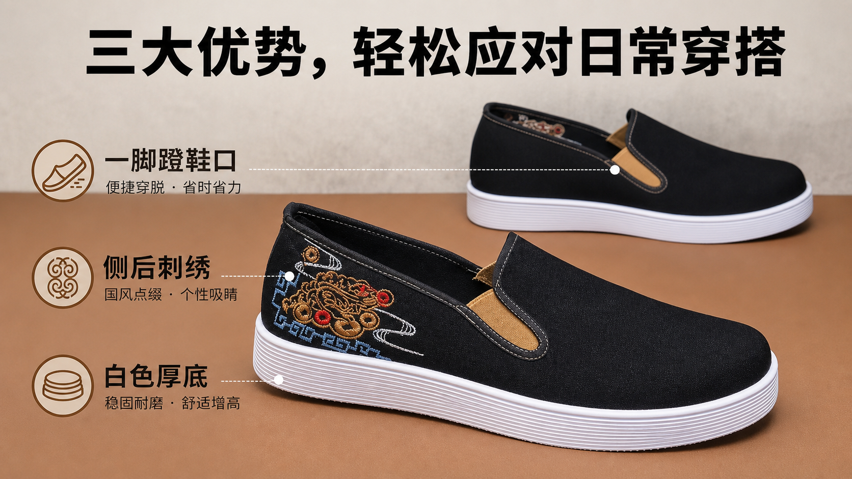 黑色刺绣厚底一脚蹬休闲鞋 AI电商详情页 - 核心卖点图: 集中呈现商品主要优势