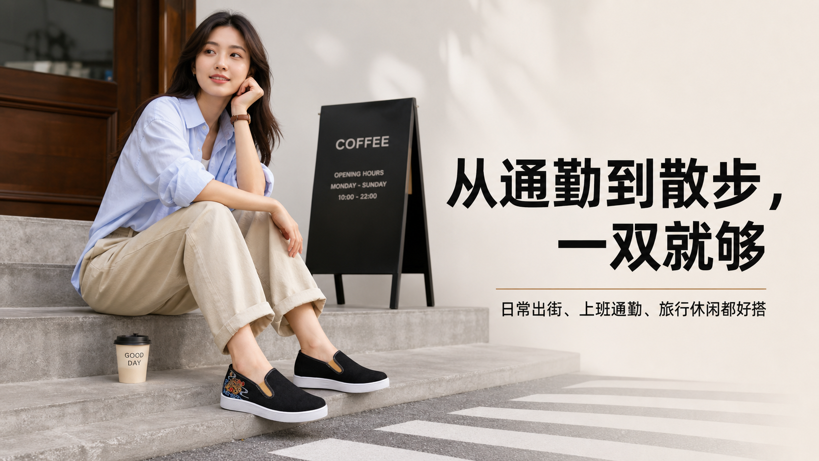 黑色刺绣厚底一脚蹬休闲鞋 AI电商详情页 - 使用场景图: 展示多场景适配能力