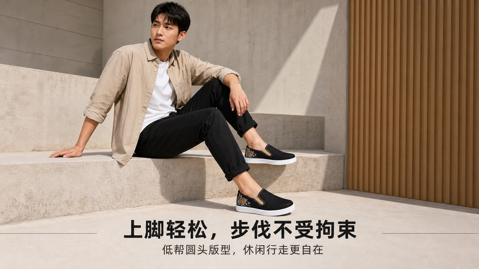 黑色刺绣厚底一脚蹬休闲鞋 AI电商详情页 - 模特上身图: 呈现真人穿着效果