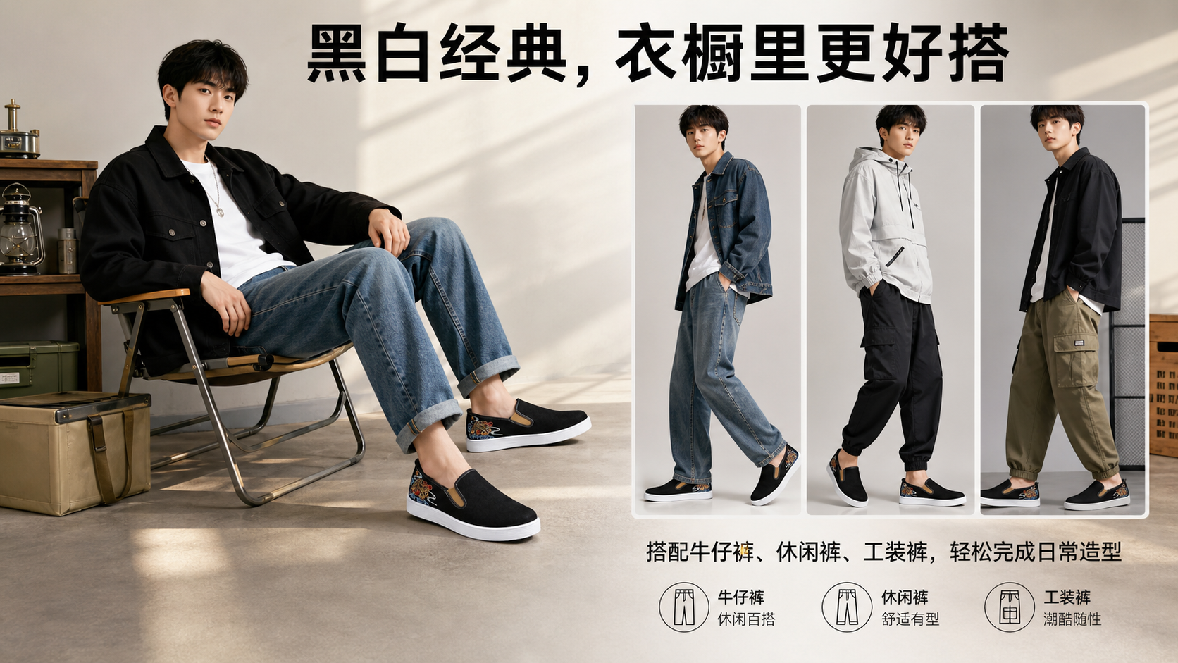 黑色刺绣厚底一脚蹬休闲鞋 AI电商详情页 - 穿搭搭配图: 展示完整造型搭配