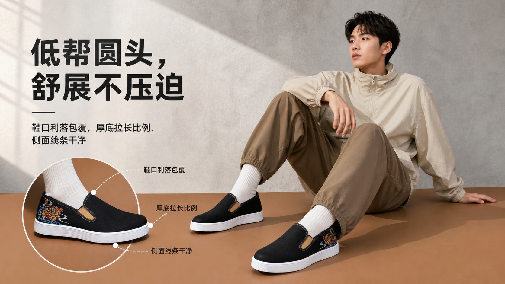 黑色刺绣厚底一脚蹬休闲鞋 AI电商详情页 - 版型展示图: 展示鞋型轮廓与脚感优势