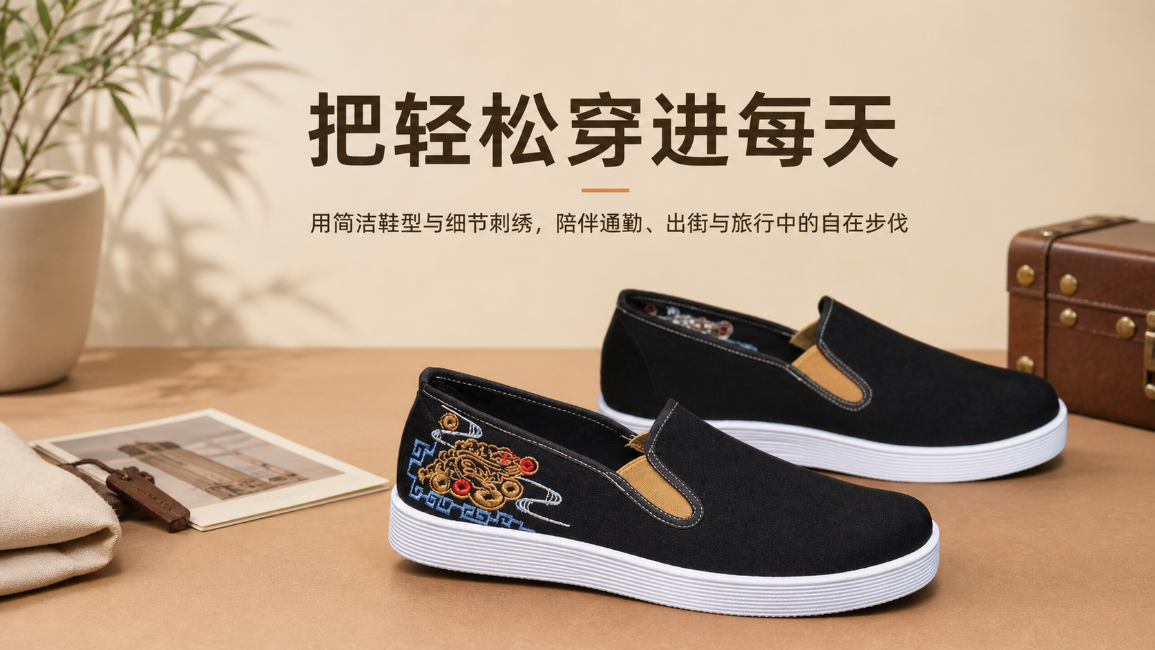 黑色刺绣厚底一脚蹬休闲鞋 AI电商详情页 - 品牌故事图: 传递休闲生活理念